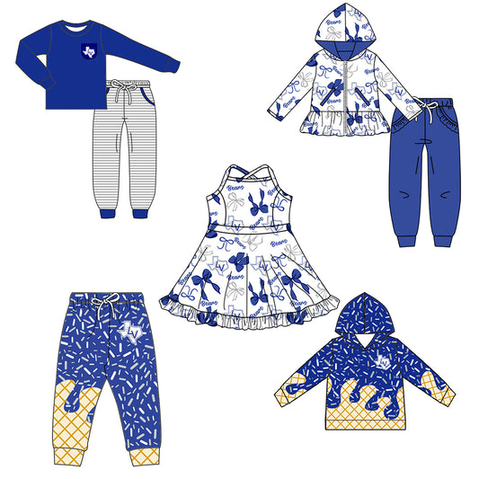 Custom moq 5 mix size milk silk summer teams baby girls clothes bow blue hooded long sleeve pants sets and boy sets and dress and hooded top and pant-25.8.14