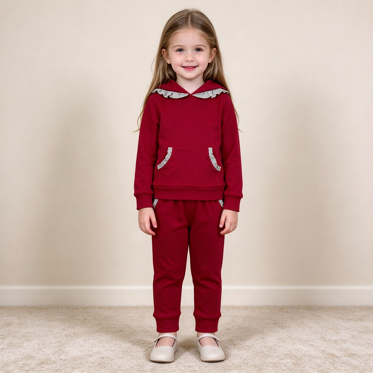 NEW RTS NO MOQ cotton GLP3565 Baby Girls Maroon Grey Color Block Ruffle Hoodie Pockets Jogger Outfit Set