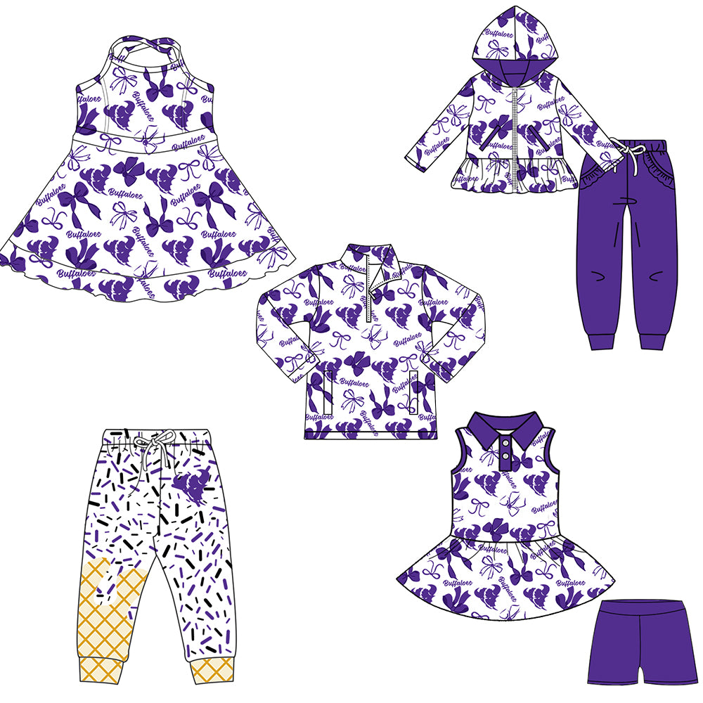 Custom moq 5 mix size milk silk summer teams baby girls clothes bow purple hooded long sleeve pants sets and shorts sets and dress and top and pant-25.8.11