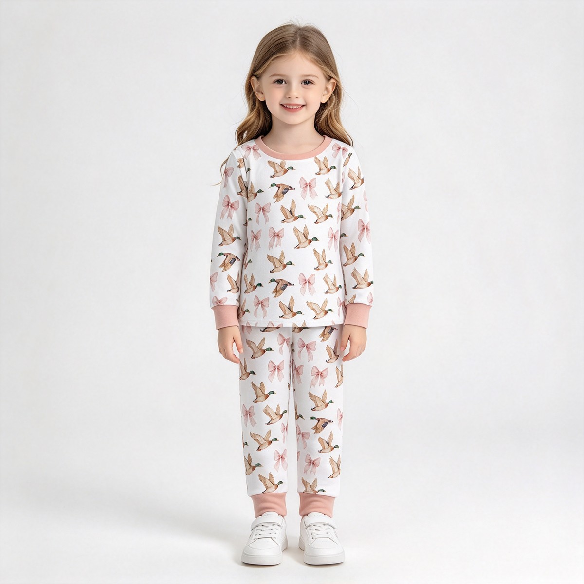 RTS NO MOQ Sibling milk silk Baby Girls Duck And Pink Bow Print Outfit Long Sleeve Top Pant Pajamas Set And Zipper Romper