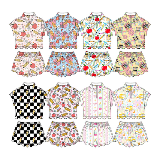 3.11 Custom moq 5 mix size Sibling Kids' Back To School Scallop Short-Sleeved Zipper Top And Shorts Set Summer Outfits