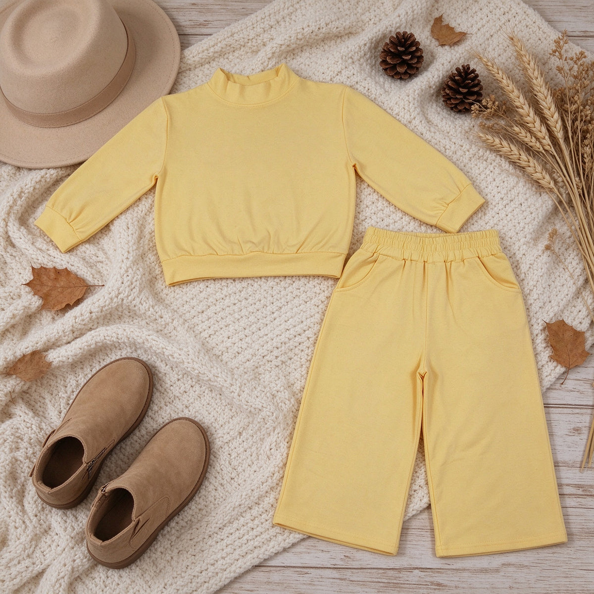 NEW RTS NO MOQ cotton GLP3473 Baby Girls Yellow Pocket Long Sleeve Top Flare Pants Sleepwear Casual Set