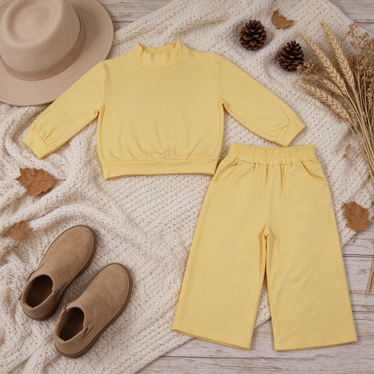 NEW RTS NO MOQ cotton GLP3473 Baby Girls Yellow Pocket Long Sleeve Top Flare Pants Sleepwear Set