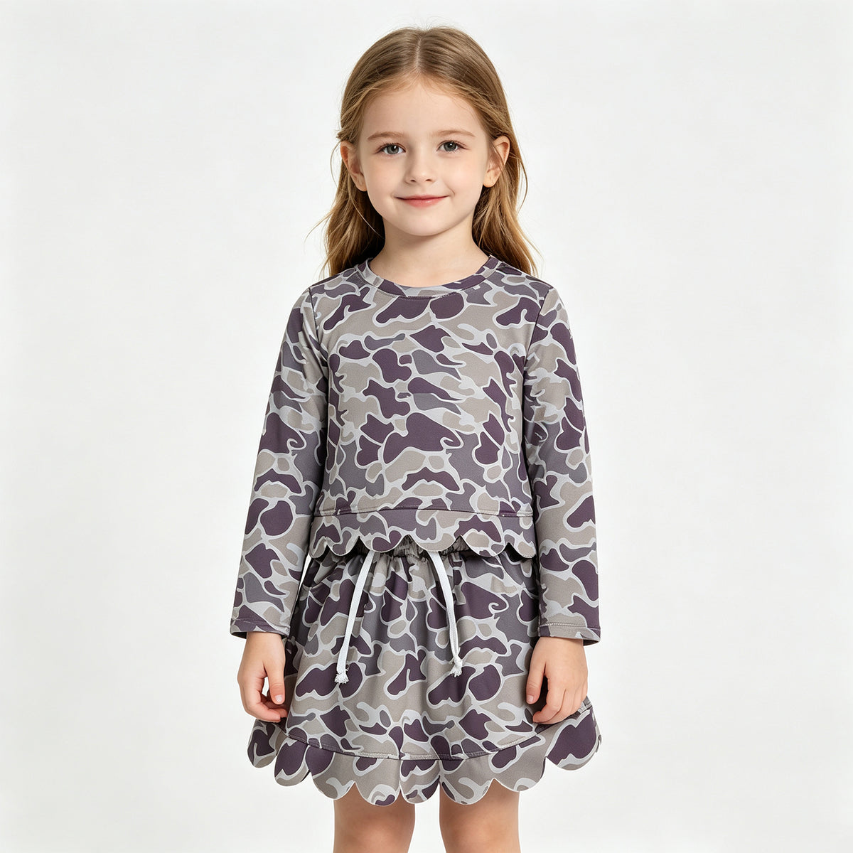 NEW RTS NO MOQ  milk silk GLD1614（GT1685+GLK0297 ）Baby Girls Grey Camo Print Long Sleeve Scallop Hem Top Skort Set