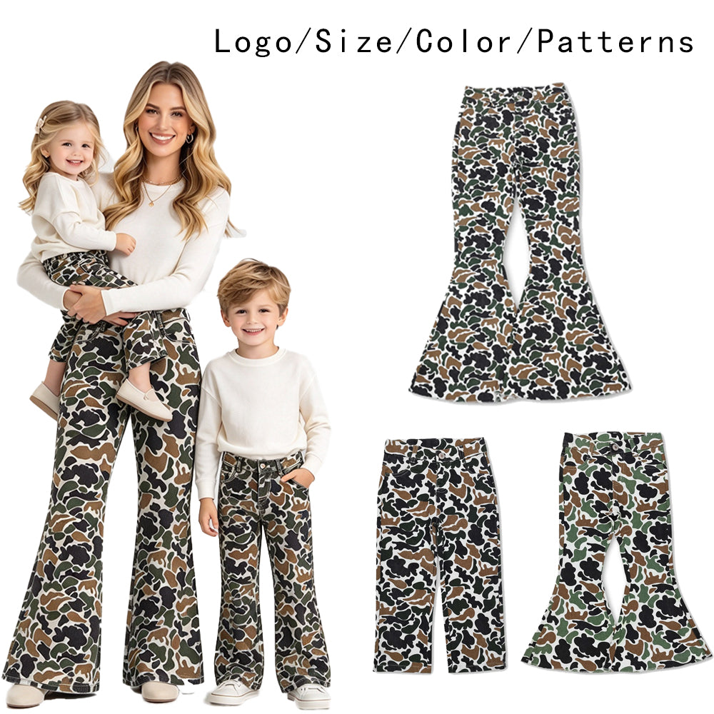 RTS NO MOQ Sibling Denim Adult To Match Kids Camo Flare Pants Matching Family Camouflage Bell Bottom Trousers