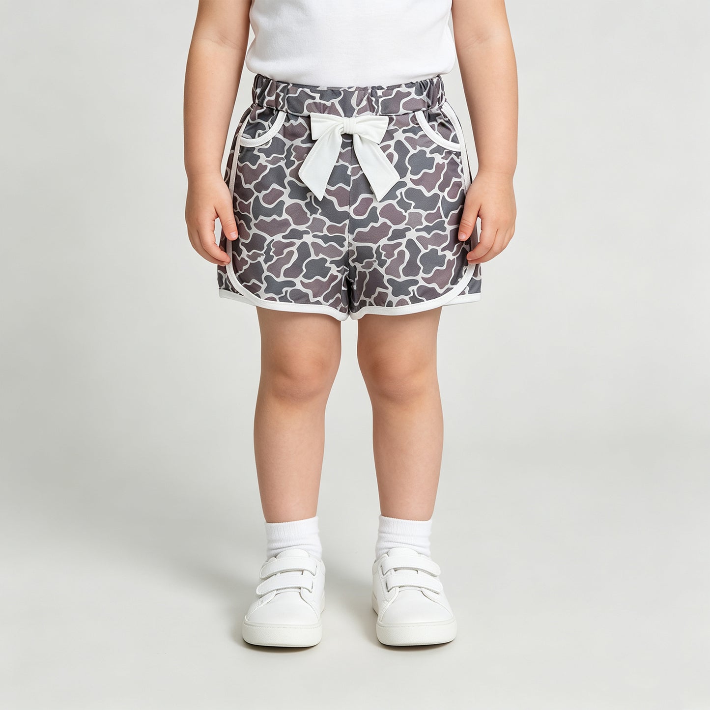 NEW RTS NO MOQ milk silk SS0688 Baby Girls Grey Camo Bow Pocket Shorts Casual Bottoms
