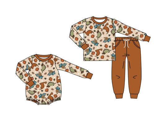 25.7.18 custom each style moq 5eta 4-6week Sibling Sister dinosaur baby boy long sleeve pants sets and rompers match family design