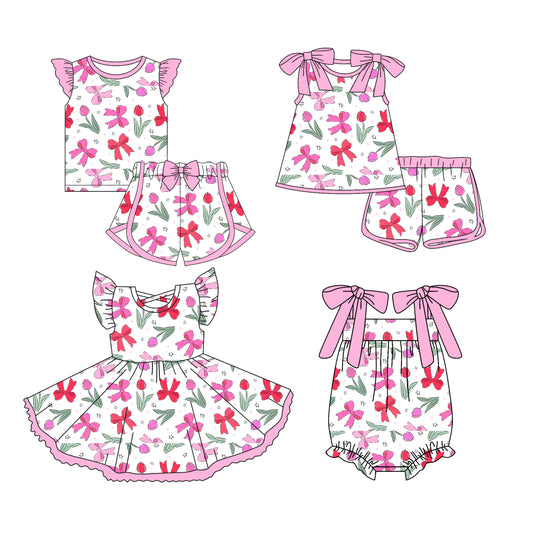 3.13 custom each style moq 5eta 4-6week Sibling Sister bow floral baby girls short sleeve set and set 2 and dress and romper match design