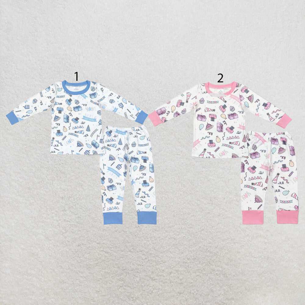RTS NO MOQ Sibling milk silk Baby Girls Boys Birthday Print Shirt Top Matching Pants Pajamas Clothes Set