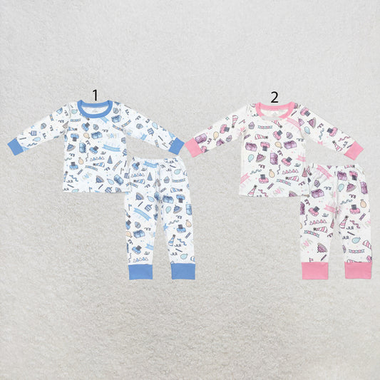 RTS NO MOQ Sibling milk silk Baby Girls Boys Birthday Print Shirt Top Matching Pants Pajamas Clothes Set