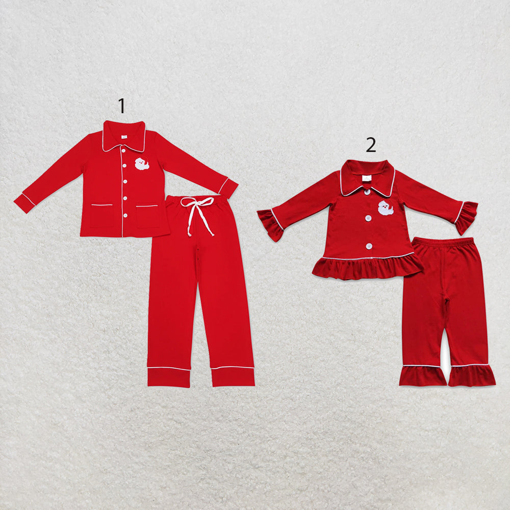 RTS NO MOQ milk silk Sibling Christmas Adult To Match Kids Red Santa Print Long Sleeve Button Front Top Elastic Pants Christmas Pajama Set