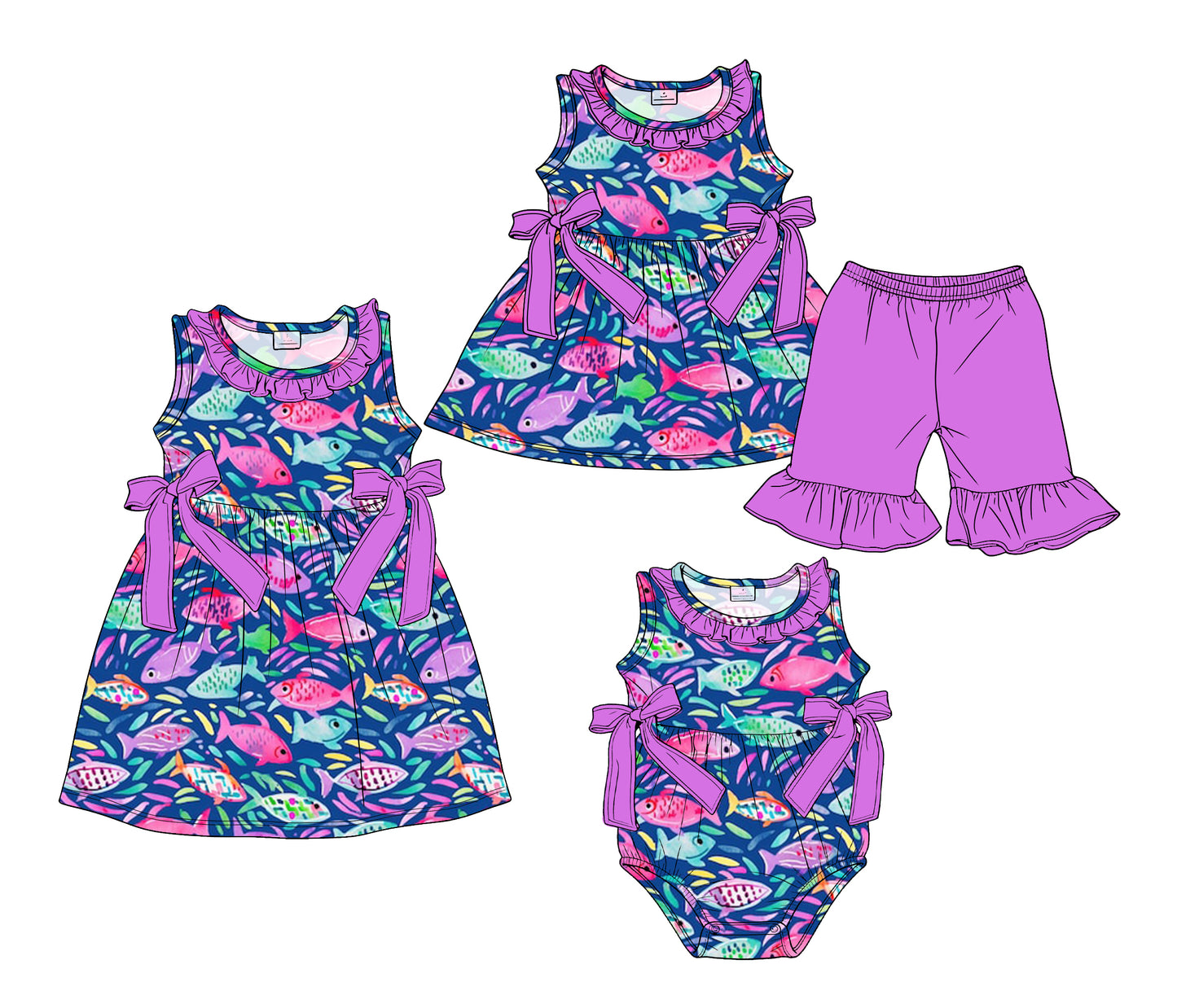 3.19 Custom moq 5 mix size Sibling Baby Girl's Purple Sleeveless Tunic Ruffle Shorts Set Cute Romper Dress for Summer