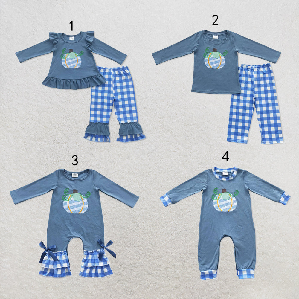 RTS NO MOQ Sibling milk silk Embroidery Baby Boys Girls Pumpkin Blue Checkered Long Sleeve Top Pants Casual Sets Rompers