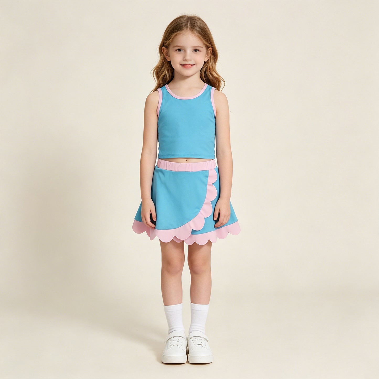 RTS NO MOQ yoga fabric cotton GSD4013 Yoga Baby Girls Cute Sleeveless Lake Blue Vest Scallop Skirt Yoga Set