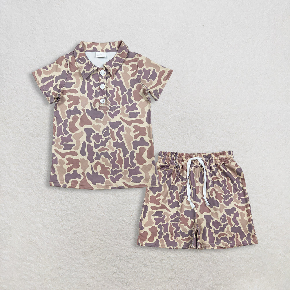 RTS NO MOQ BT1701 +SS0762 Baby Boys Southern Khaki Camo Polo Shirt with Pockets Short Sleeve Button up Top Camo Shorts Bottom Set