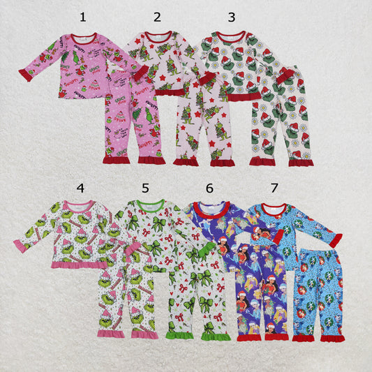 RTS NO MOQ Sibling milk silk Baby Girls Green Christmas Trees Print Top Ruffle Pant Pajamas Set