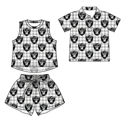 Custom moq 5 mix size milk silk summer teams Girls Checked Grey Top And Short Sets Boys Short Sleeve Button Polo Shirt Top