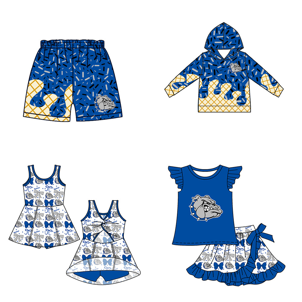 Custom moq 5 mix size milk silk baby girls clothes team bow blue hooded long sleeve tops and and skirts sets and dress and shorts-25.7.17