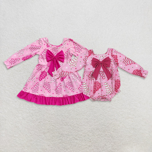 RTS NO MOQ Sibling baby girl clothes Christmas trees long sleeve dress and romper
