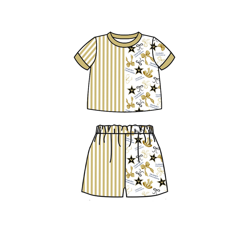 Custom moq 5 mix size milk silk summer teams Baby Brown Striped Bow Print Short Sleeve Top And Shorts Set