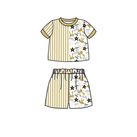 Custom moq 5 mix size milk silk summer teams Baby Brown Striped Bow Print Short Sleeve Top And Shorts Set