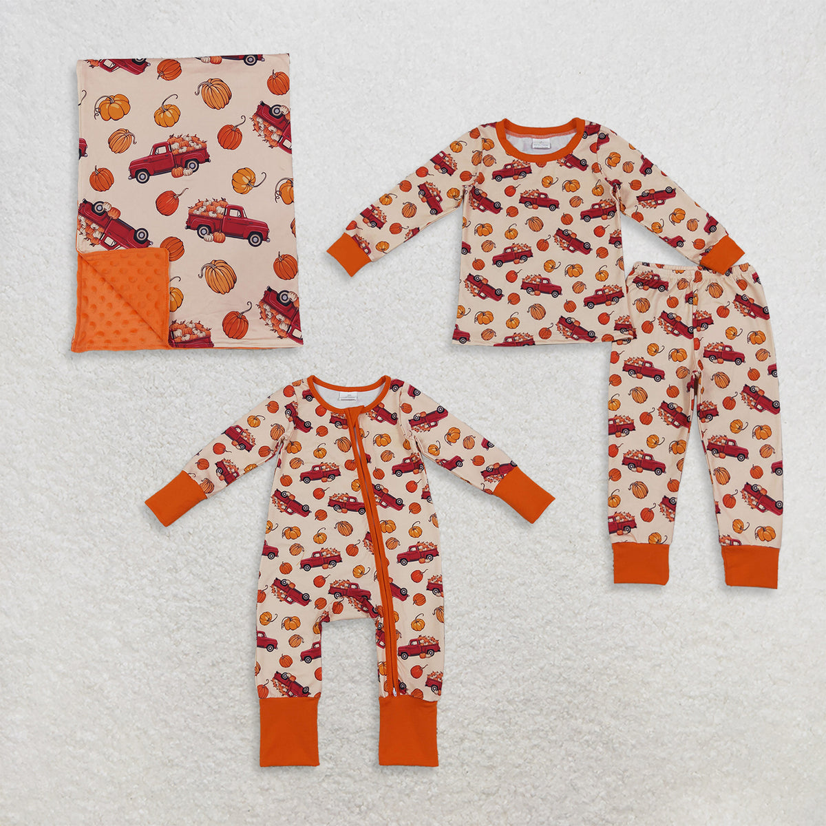 RTS NO MOQ Sibling milk silk Baby Boys Pumpkin Red Truck Print Zipper Romper Pajama Set And Minky Dot Baby Blanket
