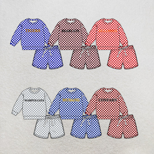 custom moq 5 mix size MSD070603 Baby Kids Checked Long Sleeve Top Drawstring Shorts Set