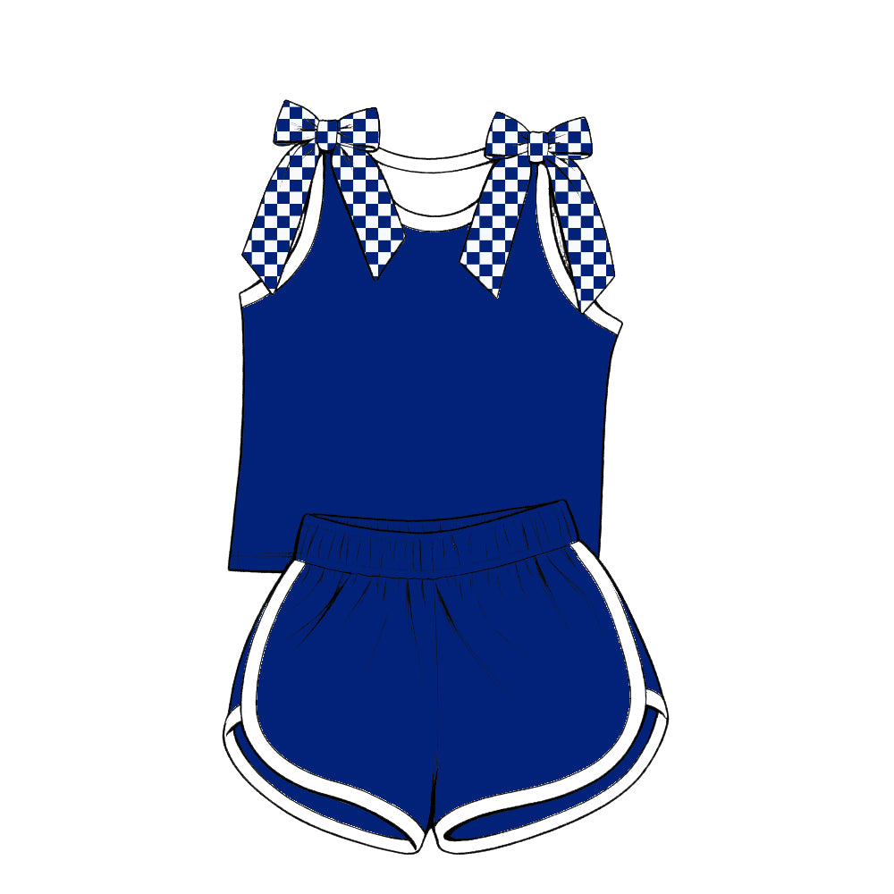 custom moq 5 mix size Baby Girls White Blue Bow Sleeveless Top Shorts Summer Outfit Sets