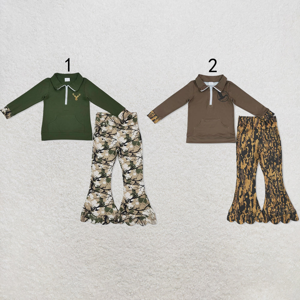 RTS NO MOQ Sibling milk silk Baby Girls Ducks Pocket Zip Pullovers Scallop Pants Cute Sets