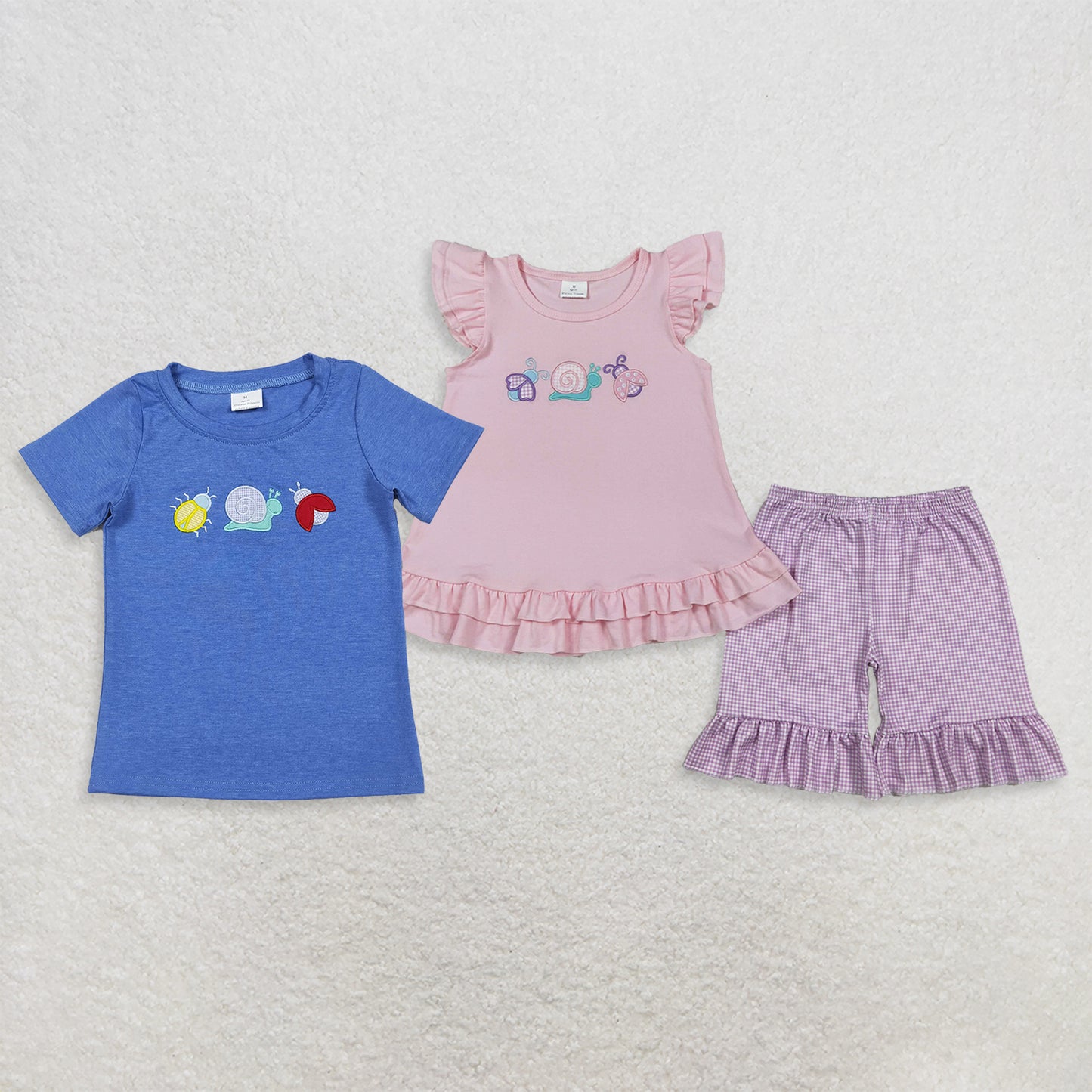 RTS NO MOQ Sibling Baby Girls Embroidery Bug Pattern Tunic and Ruffle Shorts Outfit Boys Short Sleeve Top