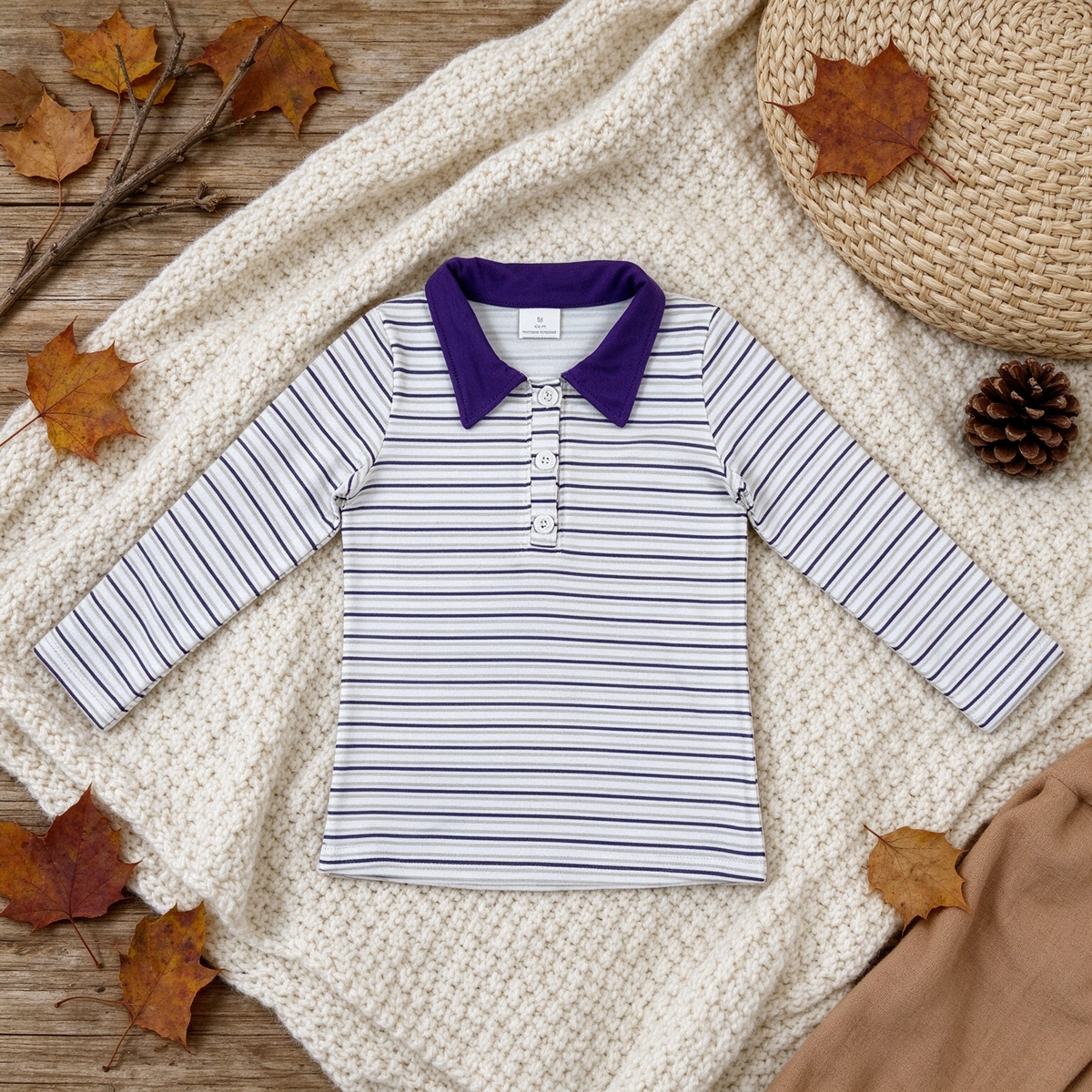 NEW RTS NO MOQ milk silk BT1911 Baby Boys Long Sleeve Purple Stripe Button Polo Shirts Top