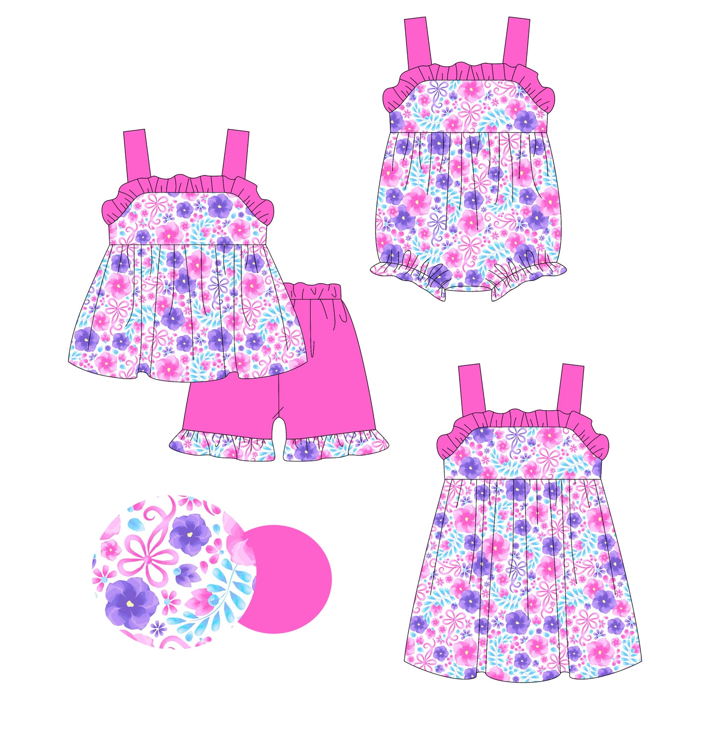 3.5 custom each style moq 5eta 4-6week Sibling Sister floral baby girl short sleeve shorts sets and dress and rompers match family design