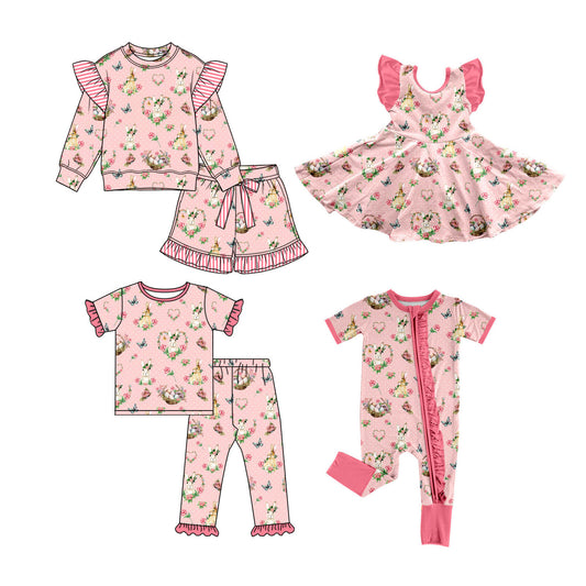 (Preorder new) No moq Baby Girls Pink Easter Bunny Floral Print Long Sleeve Short Set Pajama Set Ruffle Dress And Zipper Romper