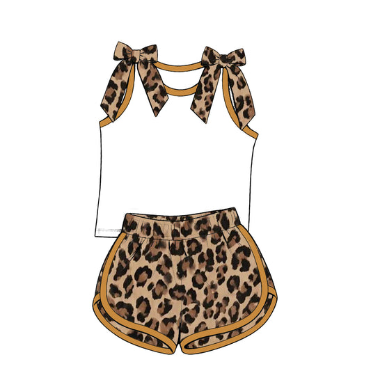 custom moq 5 mix size Baby Girls Leopard Bow Sleeveless White Top Leopard Shorts Summer Casual Outfit Set
