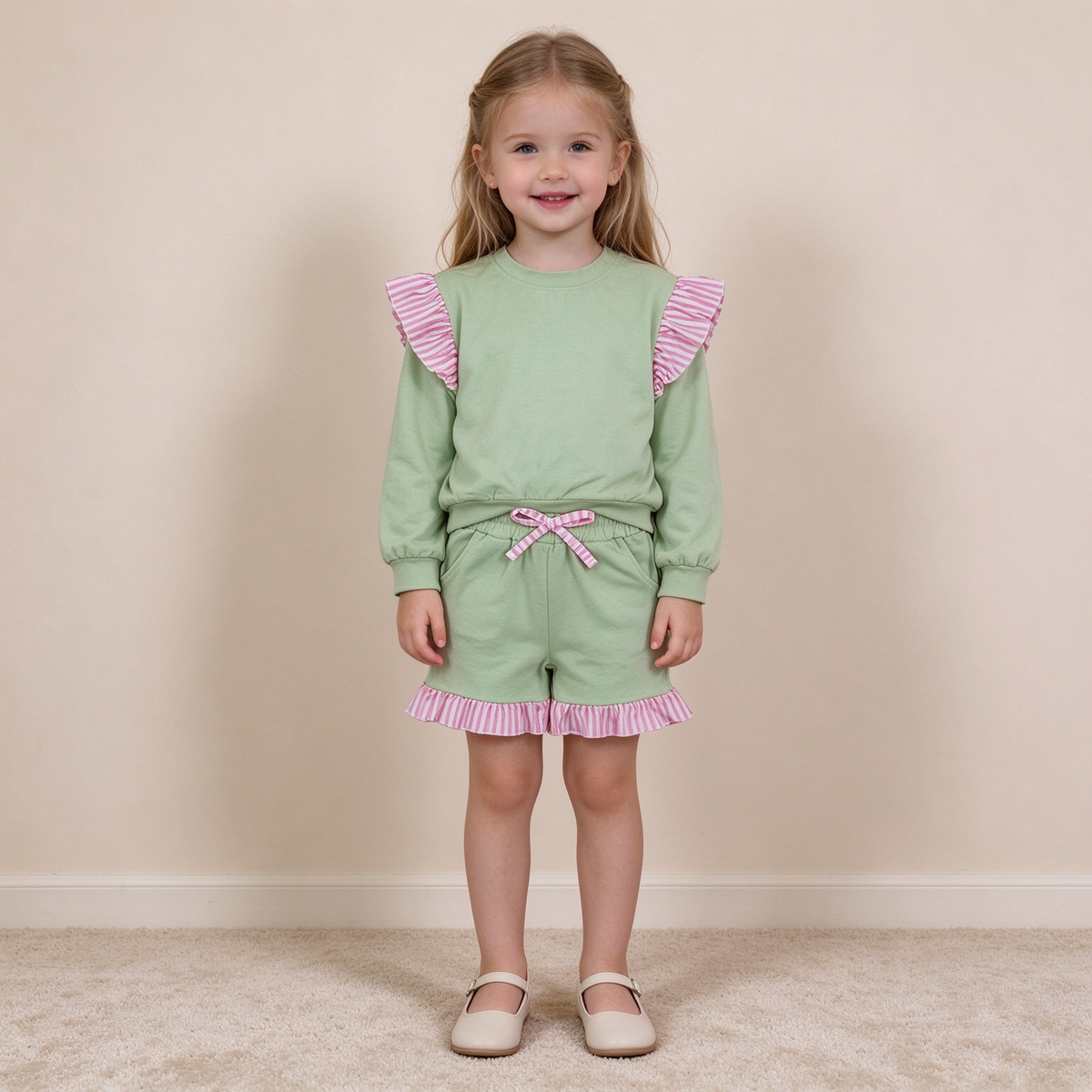 NEW RTS NO MOQ milk silk GLS0220（GT1847+SS1000）Baby Girls Light Green Stripe Flutter Sleeve Top Pockets Ruffle Short Clothes Set