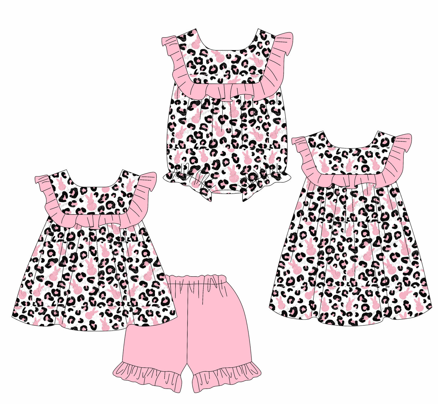 25.10.27 custom each style moq 5 eta 6-8week Sibling Sister bunny leopard baby short sleeve shorts sets and romper and dress match design