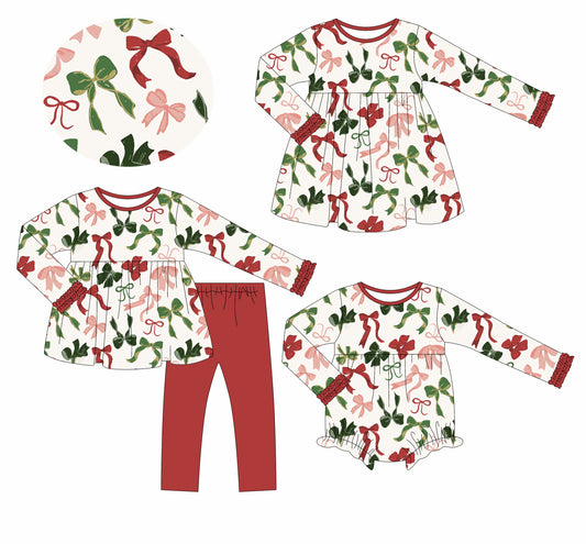 25.6.17 custom each style moq 5eta 4-6week Sibling Sisters Christmas bow baby girl long sleeve pants sets and dress and rompers match family design
