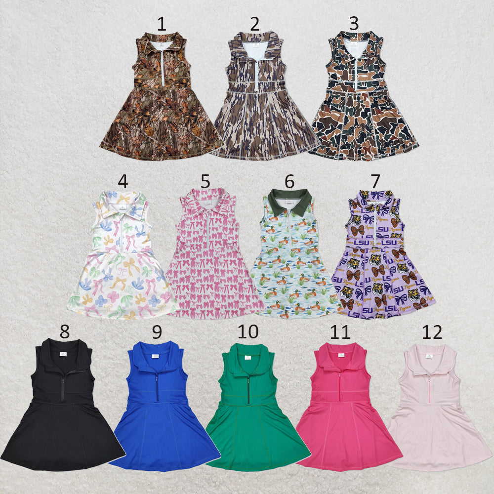 RTS NO MOQ Sibling yoga fabric Baby Girls Zipper Sleeveless Knee Length Athletic Short Dress