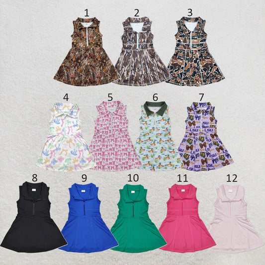 RTS NO MOQ Sibling yoga fabric Baby Girls Zipper Sleeveless Knee Length Athletic Short Dress
