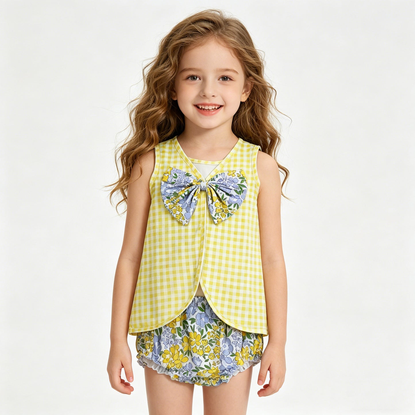 RTS NO MOQ GBO0504 Baby Girls Yellow Checked Flowers Tunic with Back Bow And Bummies Outfit Set