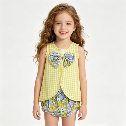 RTS NO MOQ GBO0504 Baby Girls Yellow Checked Flowers Tunic with Back Bow And Bummies Outfit Set