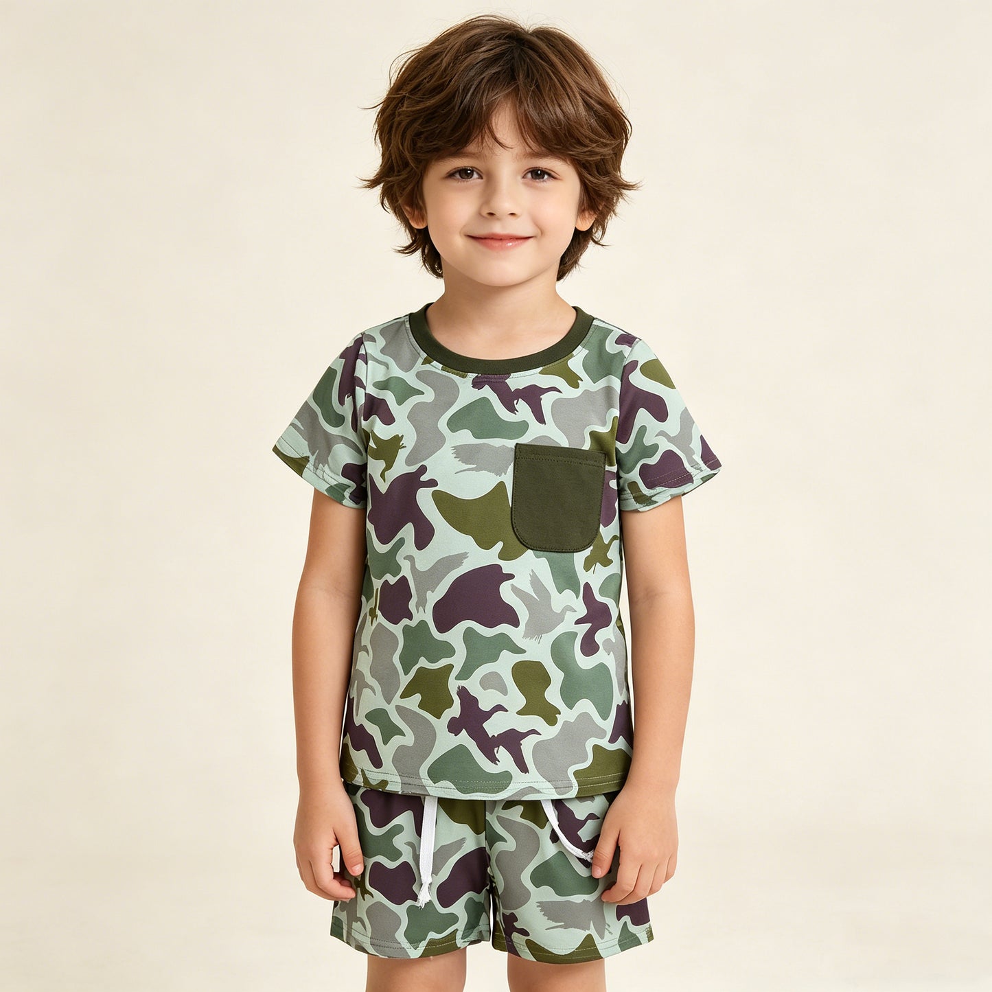RTS NO MOQ BSSO1793 Baby Boys Southern Green Ducks Camouflage Top And Shorts Set with Pocket for Hunting Clothes Sets