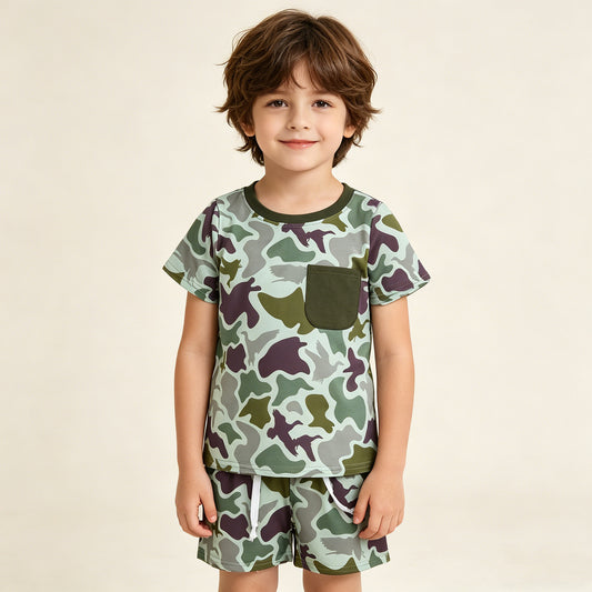 RTS NO MOQ BSSO1793 Baby Boys Southern Green Ducks Camouflage Top And Shorts Set with Pocket for Hunting Clothes Sets