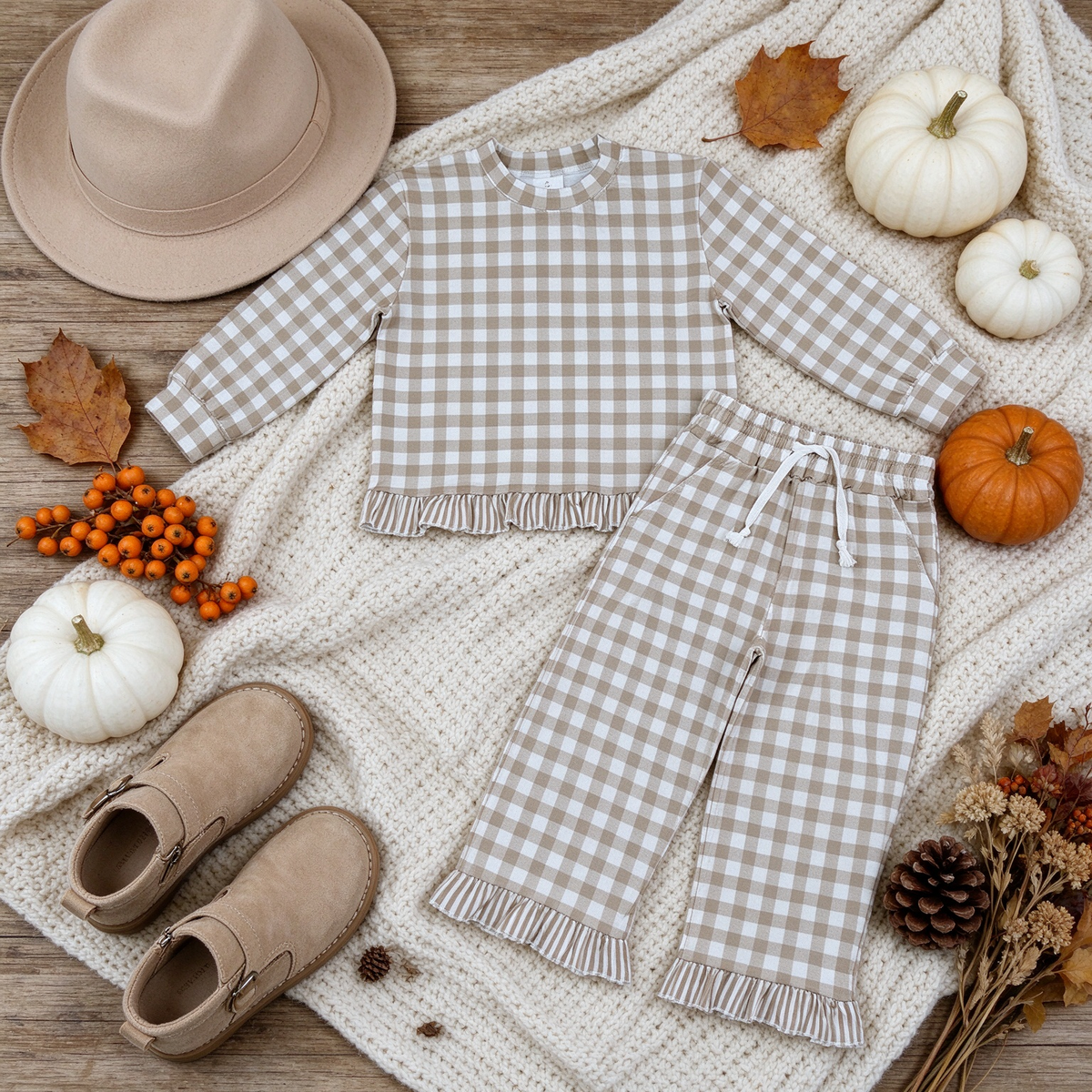 NEW RTS NO MOQ milk silk GLP3674 Baby Girls Long Sleeve Khaki Checked Top Pockets Ruffle Pant 2 Piece Clothes Set