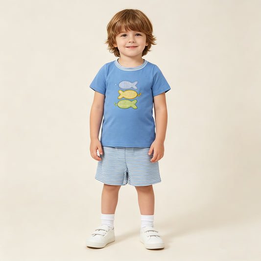 RTS NO MOQ BSSO1905 milk silk Baby Boys Cute Fish Embroidery Top Stripe Shorts Set