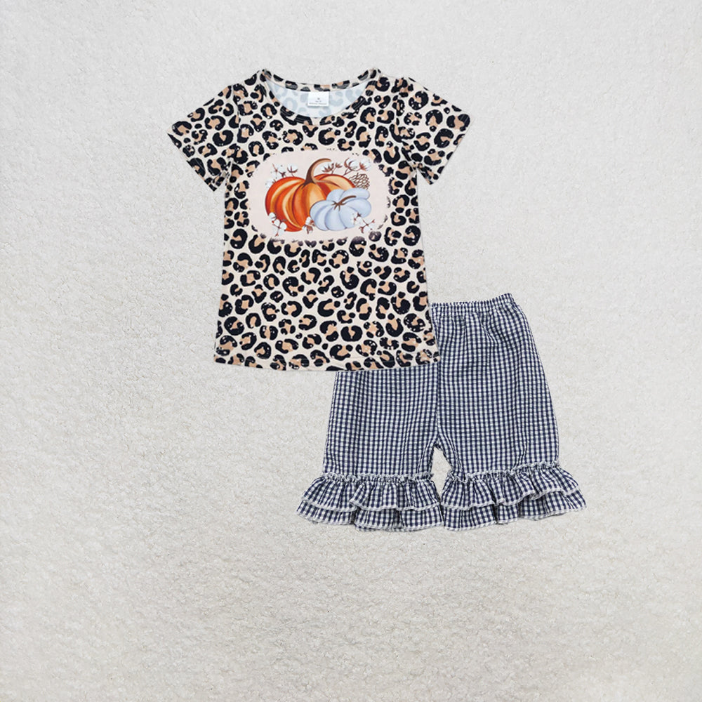 RTS NO MOQ GT0688+SS0068 Baby Girls Leopard Pumpkins Short Sleeve Tee Shirts Tops Set