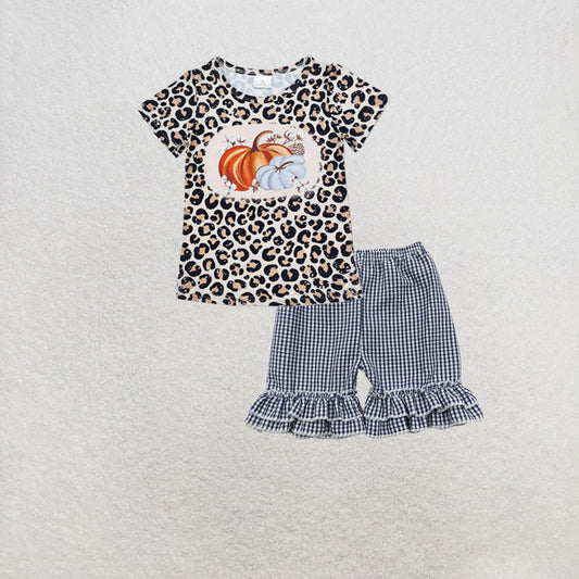 RTS NO MOQ GT0688+SS0068 Baby Girls Leopard Pumpkins Short Sleeve Tee Shirts Tops Set