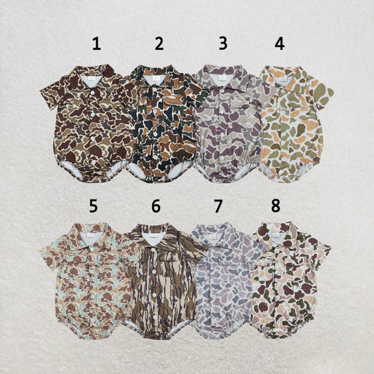 RTS NO MOQ Sibling milk silk Baby Boys Camo Print Button Pocket Rompers