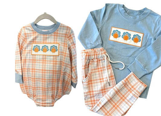 (Preorder new) No moq Baby Boys Pumpkins Turkey Front Pocket Long Top Pant Sets Rompers