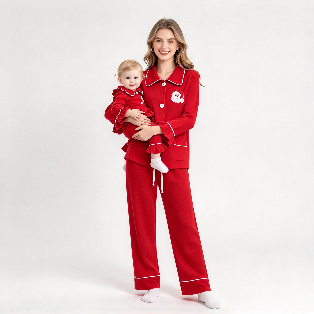 RTS NO MOQ Sibling milk silk Adult And Kids Red Christmas Pajama Set Ruffle Zipper Romper Collared Button Embroidery Sleepwear